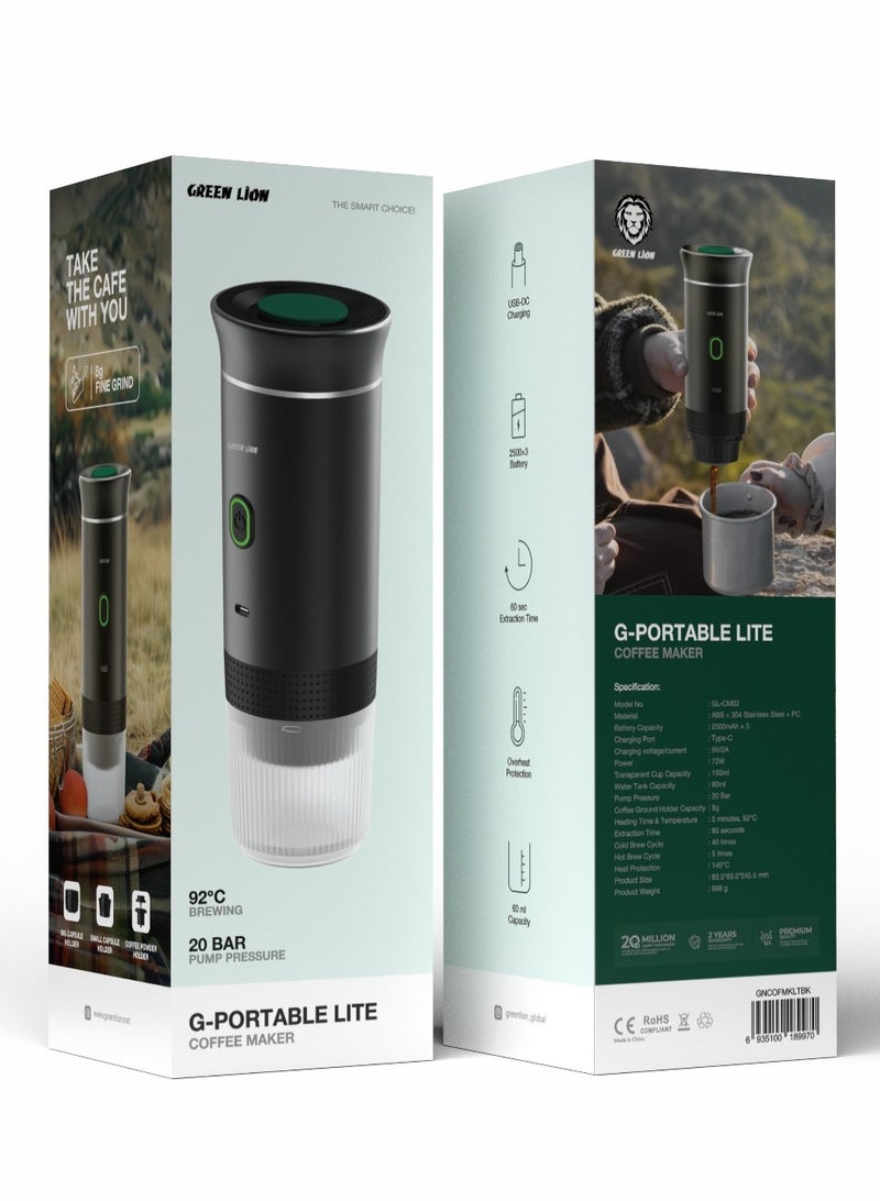 GREEN LION Coffee Maker Lite / Hot & Cold Extraction / 60 Seconds Extract Time / 20 Bar Pump Pressure / Overheat Protection / Type-C Charging / Big & Small Capsule Holder / Coffee Powder Holder - Black - Image 4