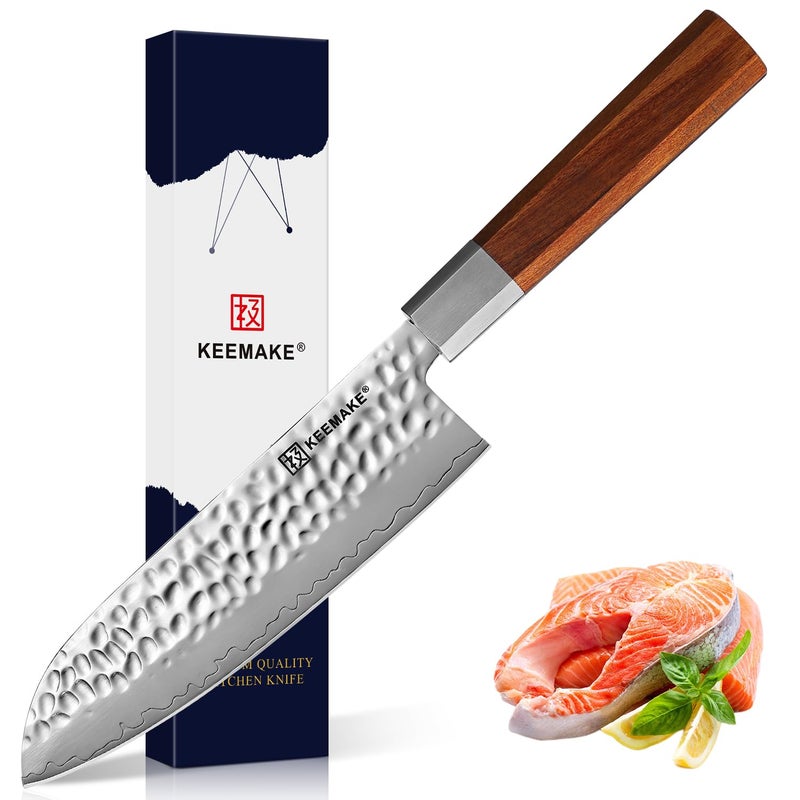KEEMAKE Santoku Knife 7 inch Professional Kitchen Knife 3layer 9Cr18MOV High Carbon Stainless Steel Blade Asian Vegetable Cooking Knife Sharp Japanese Chef Knife with Octagon Wood Handle