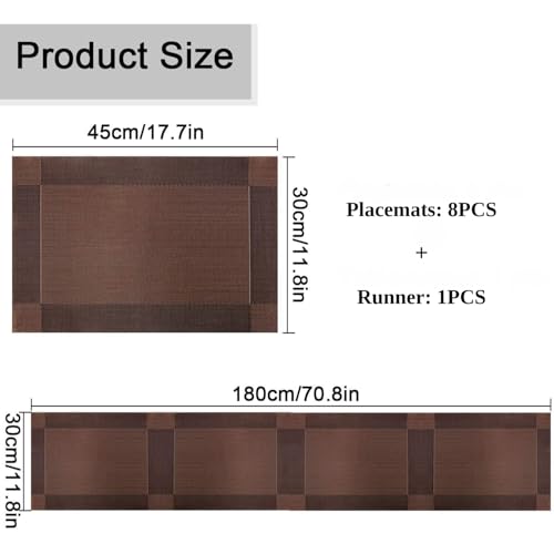 TASKHOUSE Placemats with Table Runner Set Woven Vinyl Heat Resistant Washable Tablemat for Dining Table (1 Table Runner and 8 Placemats - Brown) - Image 2