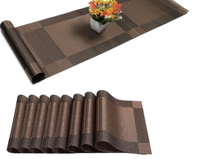 TASKHOUSE Placemats with Table Runner Set Woven Vinyl Heat Resistant Washable Tablemat for Dining Table (1 Table Runner and 8 Placemats - Brown) - Image 1