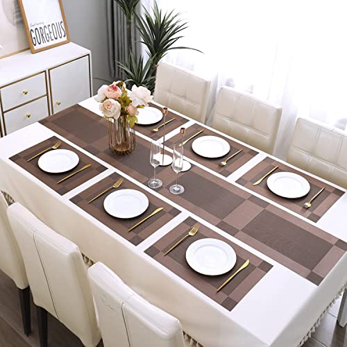 TASKHOUSE Placemats with Table Runner Set Woven Vinyl Heat Resistant Washable Tablemat for Dining Table (1 Table Runner and 8 Placemats - Brown) - Image 5