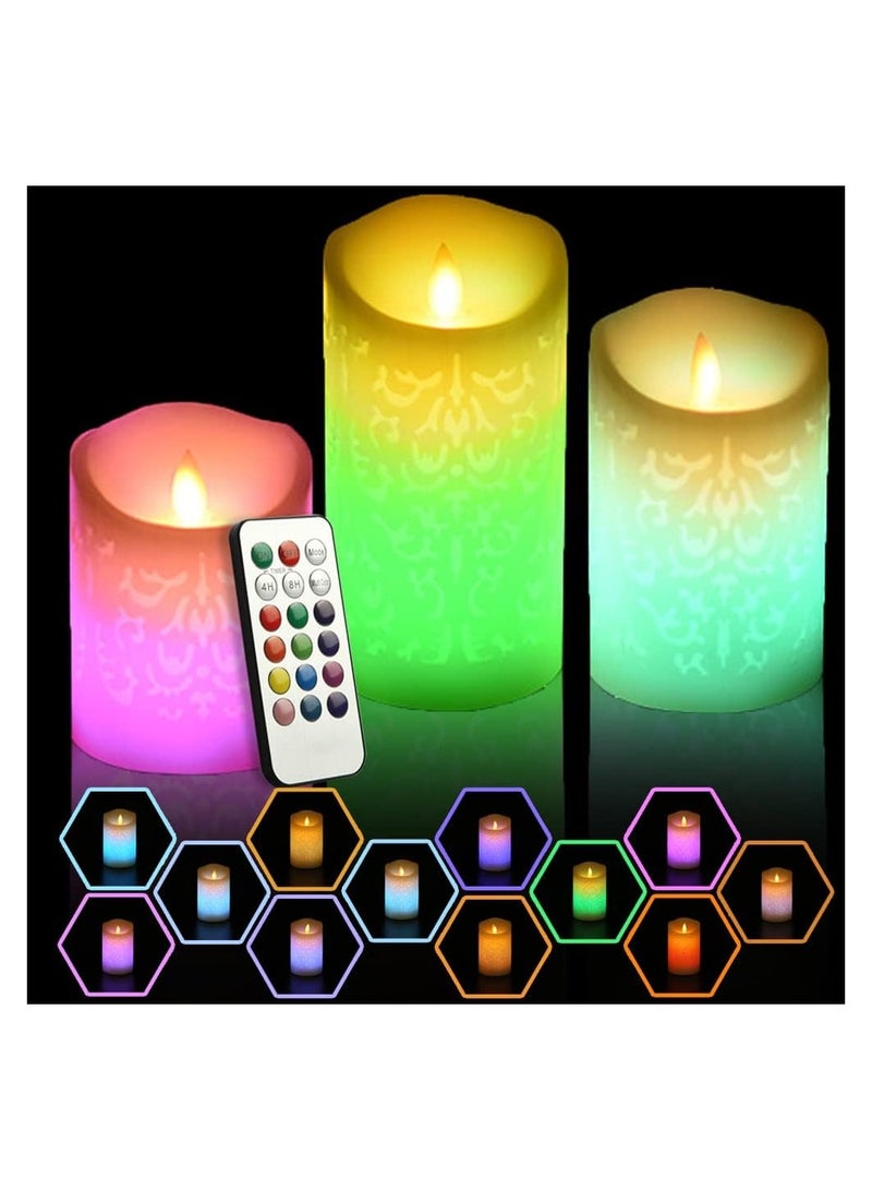 SOLARAE 3PCS LED Multi Colored Flameless Candles, with Remote Control Timer, Color Changing Candles Realistic Wax Battery Operated Candles with Flickering Flame Dancing Wick for Wedding Home, D3xH4/5/6In - Image 1