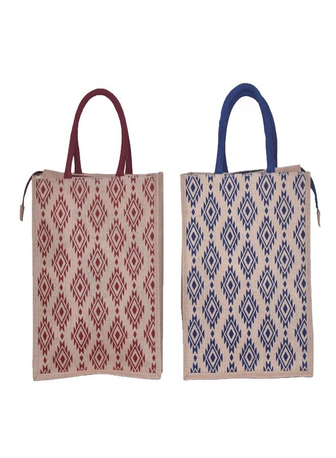 Daffodil Jute Bags For Lunch | Tote Bag | Handcrafted Diamond Print Bag | Eco Friendly Carry Bag | Durable Bags for Men & Women | Jute Handbags with Zipper (Pack of 2) - Image 1