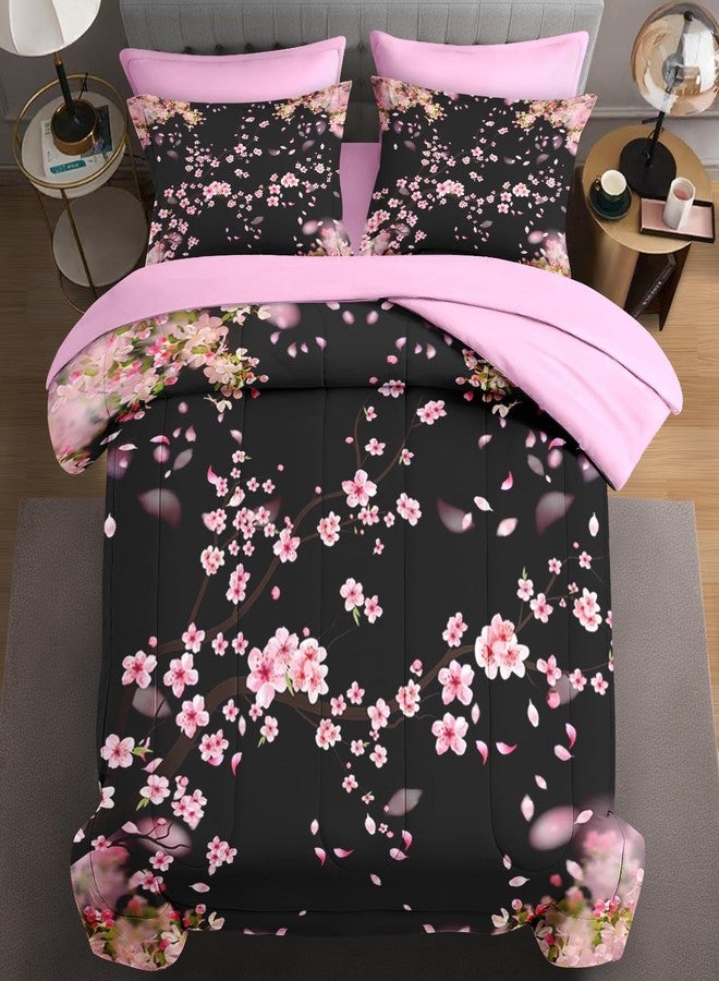 WeCozy 5 Pcs Twin Size Comforter Set with Pillowcase & Sham, Tree Flower Floral Bedding for Kids and Adults, Pink Cherry Blossom Bed in a Bag with Flat Fitted Sheet - Image 1