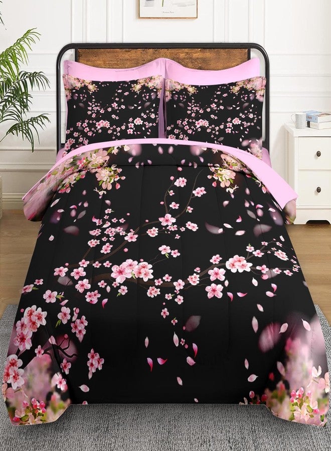 WeCozy 5 Pcs Twin Size Comforter Set with Pillowcase & Sham, Tree Flower Floral Bedding for Kids and Adults, Pink Cherry Blossom Bed in a Bag with Flat Fitted Sheet - Image 2