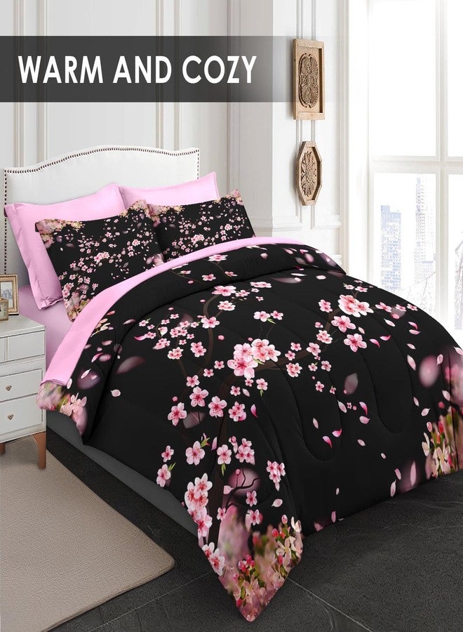 WeCozy 5 Pcs Twin Size Comforter Set with Pillowcase & Sham, Tree Flower Floral Bedding for Kids and Adults, Pink Cherry Blossom Bed in a Bag with Flat Fitted Sheet - Image 3