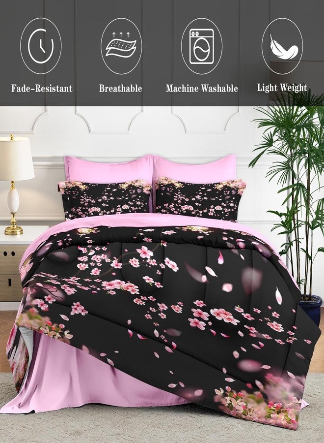 WeCozy 5 Pcs Twin Size Comforter Set with Pillowcase & Sham, Tree Flower Floral Bedding for Kids and Adults, Pink Cherry Blossom Bed in a Bag with Flat Fitted Sheet - Image 4