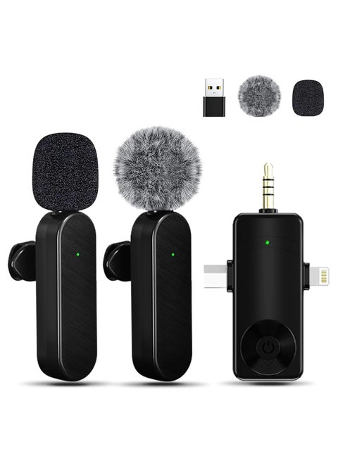Mini Microphone for iPhone Android Camera iPad USB-C, 4 in 1 Professional Wireless Lavalier Lapel Microphone for Recording, Live Stream, YouTube, Facebook, TikTok, Vlog (2 Mics)