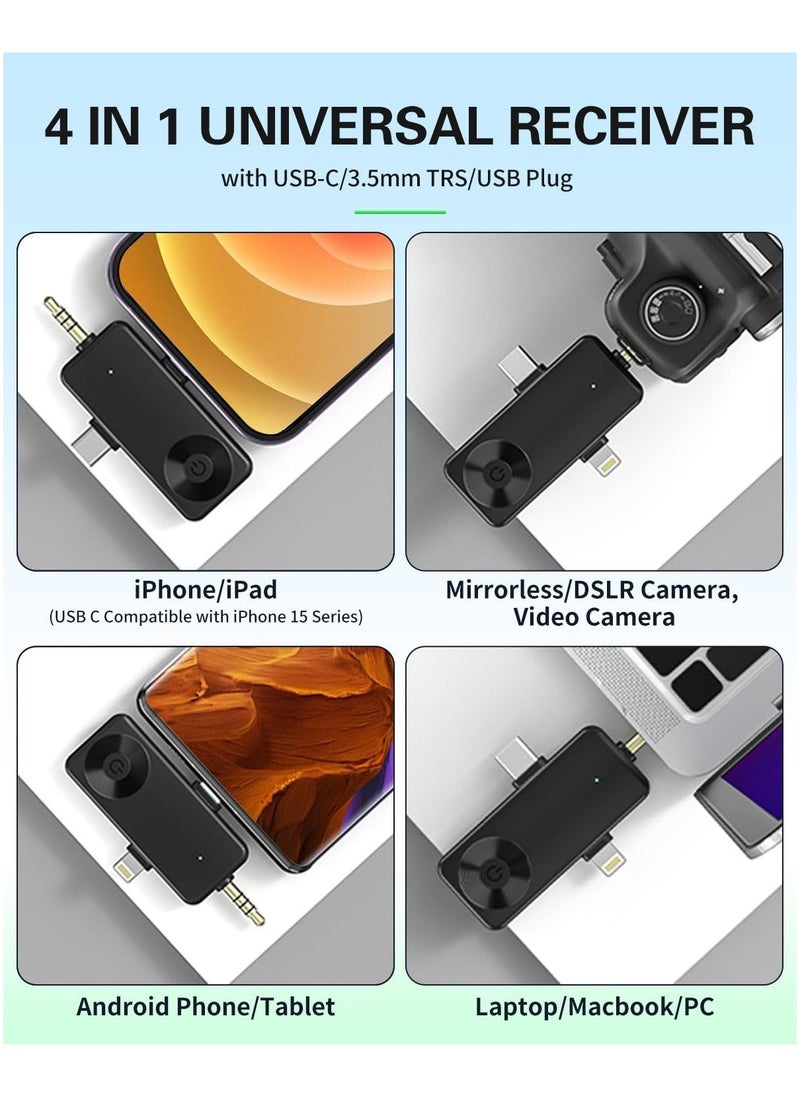 Mini Microphone for iPhone Android Camera iPad USB-C, 4 in 1 Professional Wireless Lavalier Lapel Microphone for Recording, Live Stream, YouTube, Facebook, TikTok, Vlog (2 Mics)