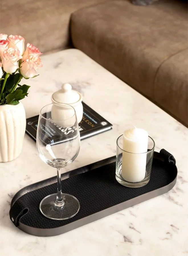 Black Capsule Leather Tray in Brushed Steel Finish by Casa Quesera