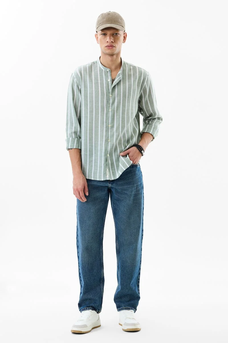 SNITCH Sage Green Striped Long Sleeve Regular Fit Shirt