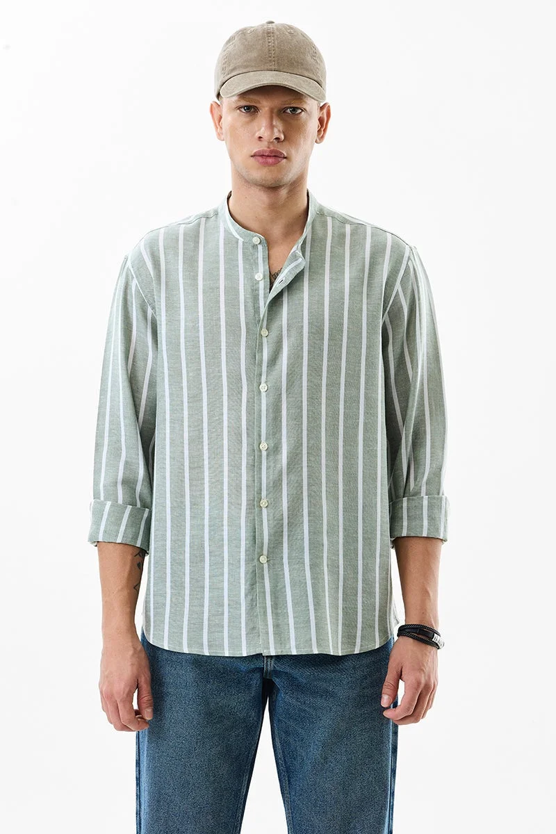SNITCH Sage Green Striped Long Sleeve Regular Fit Shirt