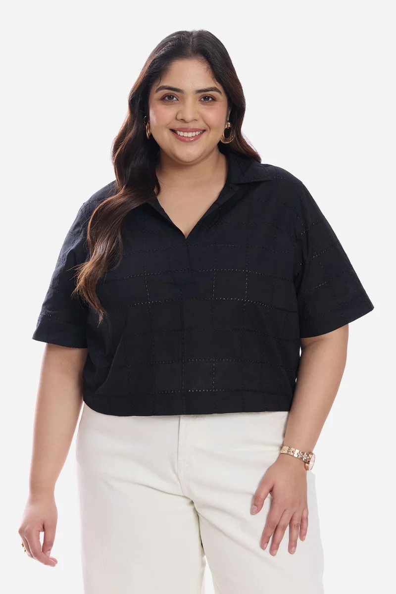 فيرجيو Self Design Cotton Notch Placket Boxy Plus Size Shirt for Women