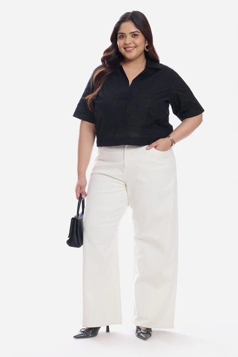 فيرجيو Self Design Cotton Notch Placket Boxy Plus Size Shirt for Women