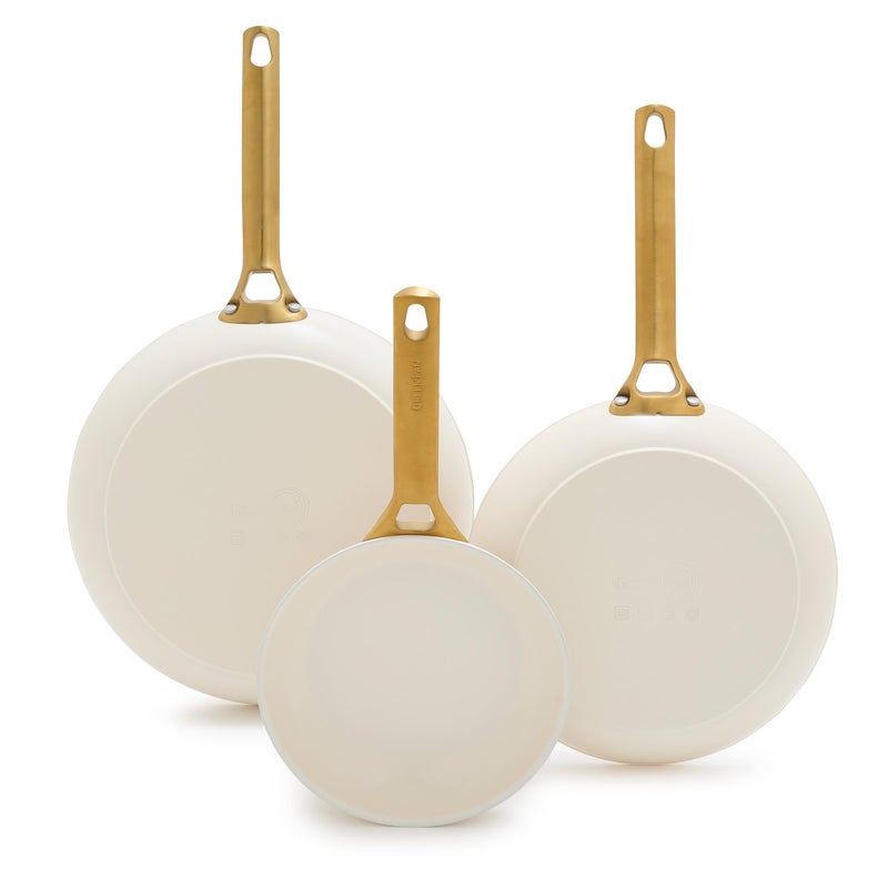 GreenPan Hard Anodized Healthy Ceramic Nonstick 8 10 12 3 Piece Frying Pan Skillet Set Gold Handle PFASFree Dishwasher Safe Oven Safe Cream White