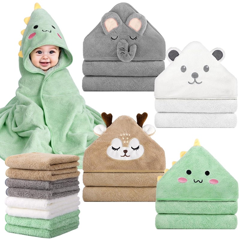 CandyHome 12 PCS Baby Bath Towels Set for Infants Toddlers 4 PCS Animal Hooded Baby Towels  8 PCS Washcloths Set Ultra Absorbent Cute Soft Newborn Essentials Gift for Boys  Girls - Image 1