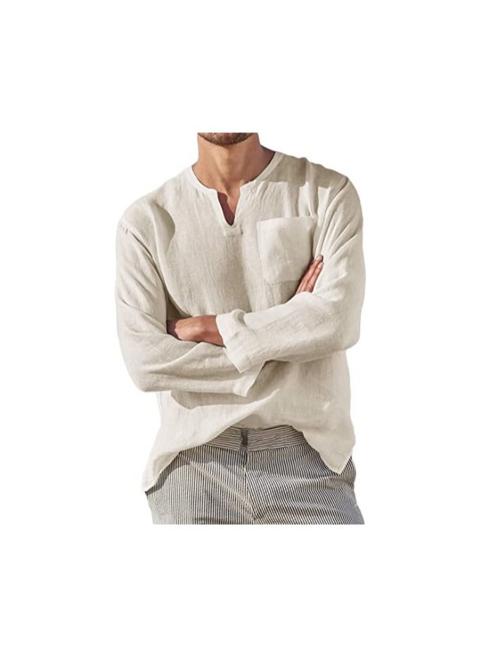 NIBEMINENT Men's Beige T-Shirt Cotton Hippie Shirt V-Neck Beach Yoga Top  - Image 1