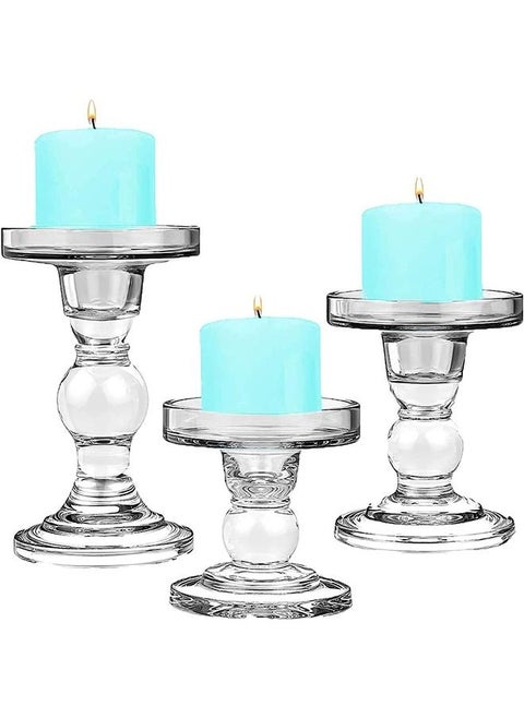 Glass Candle Holder Set of 3, Clear Crystal Candlestick Holders for Pillar Taper Candle and Tealight, for Home Dinner Table Home Decor