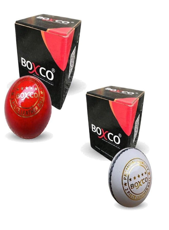 BOXCO Premium Hand Stiched Two Piece Cricket Leather Ball for T20, One Day and Club Matches (Pack of 2) (White & Red) - Image 1