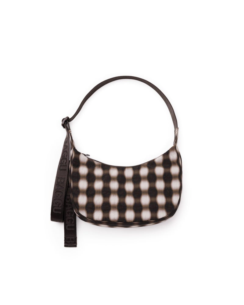 BAGGU Small Nylon Crescent Bag - Blurred Gingham Brown - Image 1