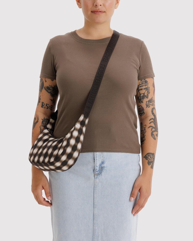 BAGGU Small Nylon Crescent Bag - Blurred Gingham Brown - Image 2