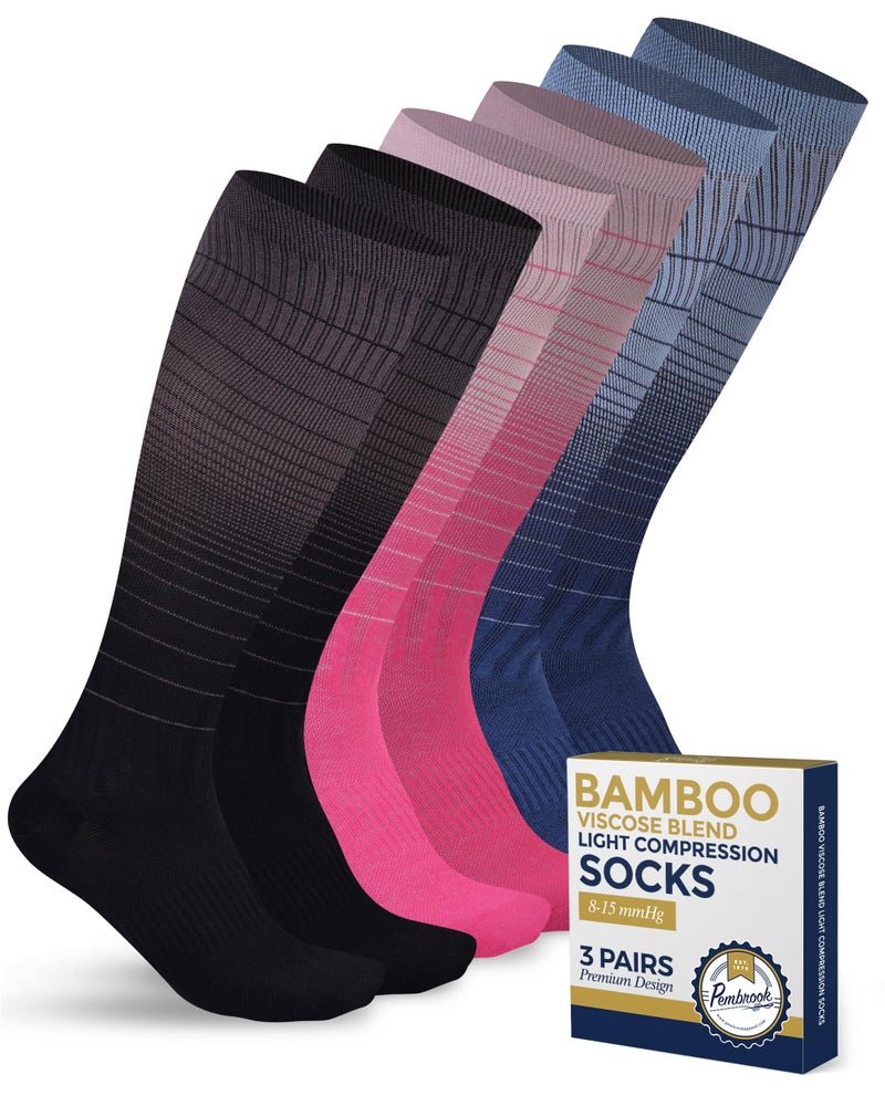 Pembrook Bamboo Viscose Light Compression Socks - 3 Pairs | Mens and Womens Compression Socks 8-15 mmHg for Circulation | Black, Blue, Pink Graduated Stripes - Image 1