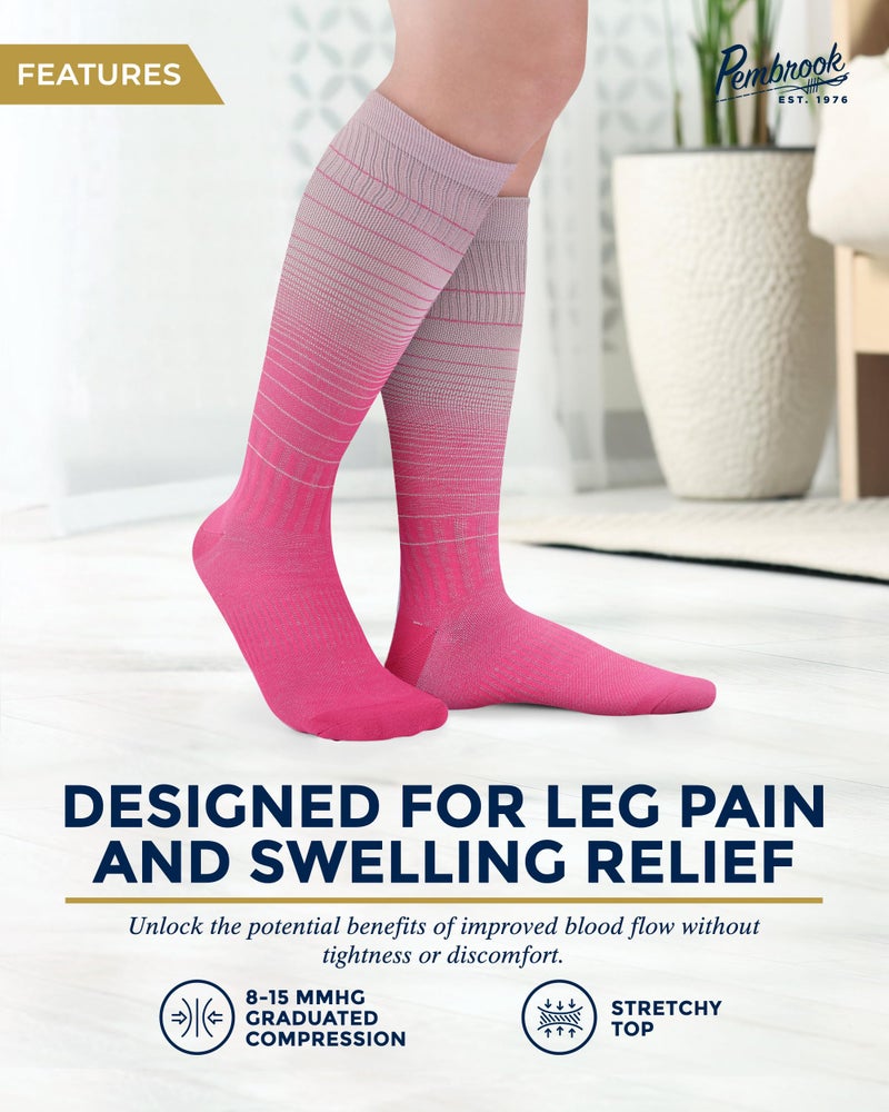 Pembrook Bamboo Viscose Light Compression Socks - 3 Pairs | Mens and Womens Compression Socks 8-15 mmHg for Circulation | Black, Blue, Pink Graduated Stripes - Image 3