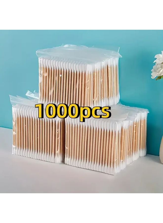 1000 قطعة مسحات هيبوالرجينيك مزدوجة الاستخدام لتنظيف الأذن والمكياج أعواد خشبية قابلة للتصرف - Image 1