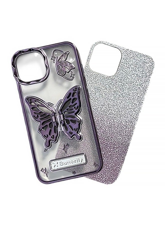 باترفلاي متوافق مع حافظة iPhone15 ، بريق التدرج وسوبر كول ميتاليك يشعر 3D فراشة مع حافة ملفوفة بالكامل يحمي حالة الهاتف جرلي غطاء الهاتف للنساء بنفسجي - Image 1
