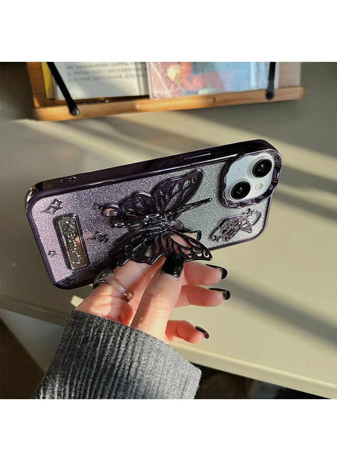 باترفلاي متوافق مع حافظة iPhone15 ، بريق التدرج وسوبر كول ميتاليك يشعر 3D فراشة مع حافة ملفوفة بالكامل يحمي حالة الهاتف جرلي غطاء الهاتف للنساء بنفسجي - Image 2