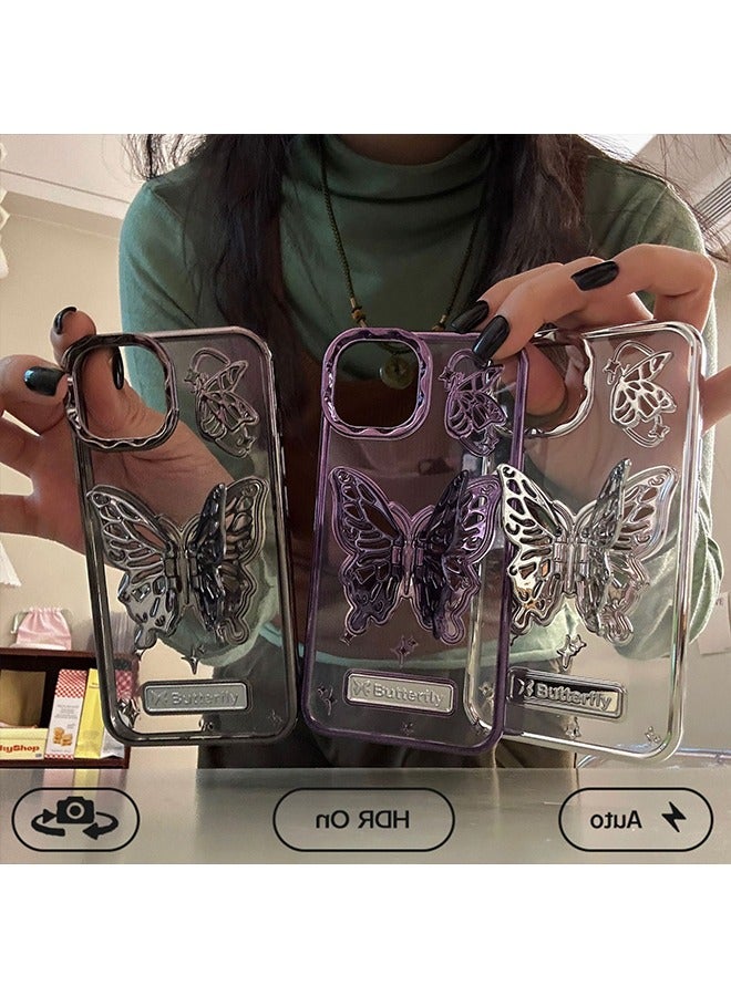 باترفلاي متوافق مع حافظة iPhone15 ، بريق التدرج وسوبر كول ميتاليك يشعر 3D فراشة مع حافة ملفوفة بالكامل يحمي حالة الهاتف جرلي غطاء الهاتف للنساء بنفسجي - Image 4