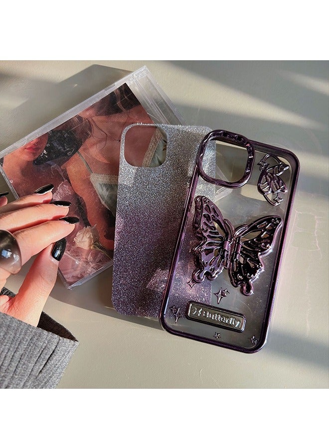 باترفلاي متوافق مع حافظة iPhone15 ، بريق التدرج وسوبر كول ميتاليك يشعر 3D فراشة مع حافة ملفوفة بالكامل يحمي حالة الهاتف جرلي غطاء الهاتف للنساء بنفسجي - Image 3