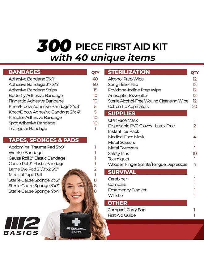 M2 BASICS Professional 300 Piece (40 Unique Items) First Aid Kit