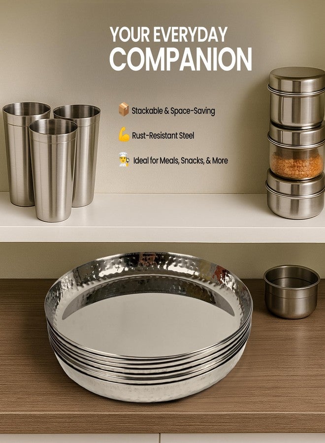 UBIQ Essentials Stainless Steel Dinner Plates Set of 6 - Hammered Finish, Premium Steel Thali for Lunch, Dinner Plates, Tiffin Plates, Ideal for Home & Restaurant I 30 cm Plate - Image 5