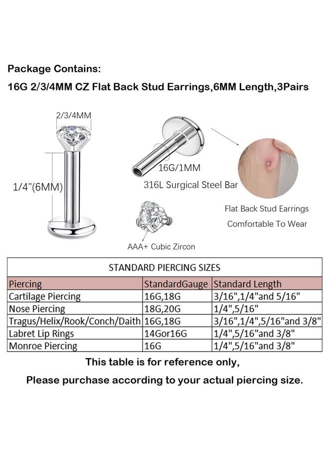 CANDYFANCY 16g 2/3/4mm Cubic Zirconia Triple Forward Helix Ear Cartilage Tragus Studs Earrings Lip Piercing Earrings Set 16 gauge 6mm Post - Image 5