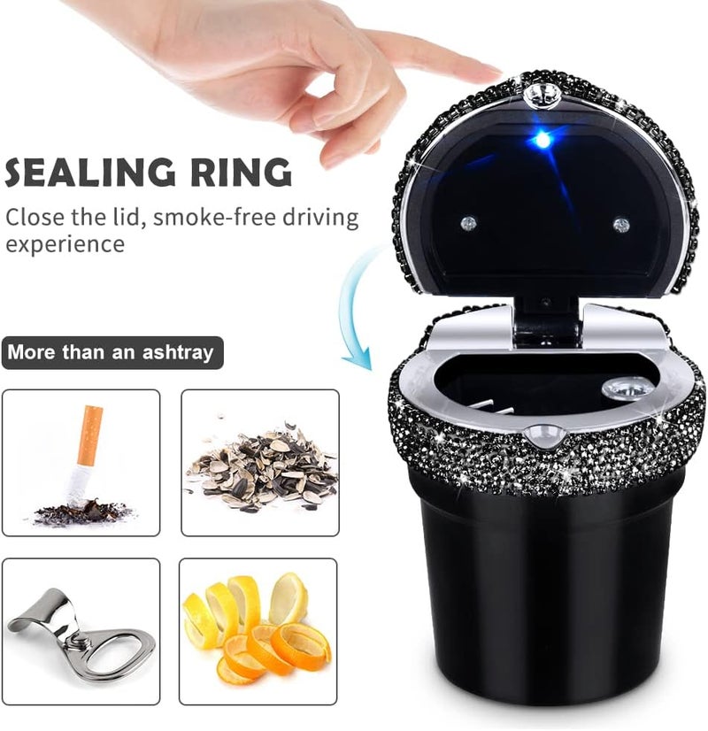 eing Car Ashtray Portable Cigarette Smokeless Cylinder Cup Holder with Blue LED Light Indicator and 2 Replacement Batteries,Car Accessories for Women,Ideal for Car,Home and Office,1-Pack Black+Black - Image 2