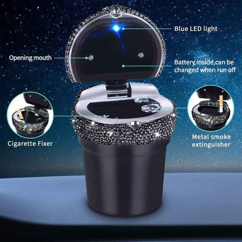 eing Car Ashtray Portable Cigarette Smokeless Cylinder Cup Holder with Blue LED Light Indicator and 2 Replacement Batteries,Car Accessories for Women,Ideal for Car,Home and Office,1-Pack Black+Black - Image 5