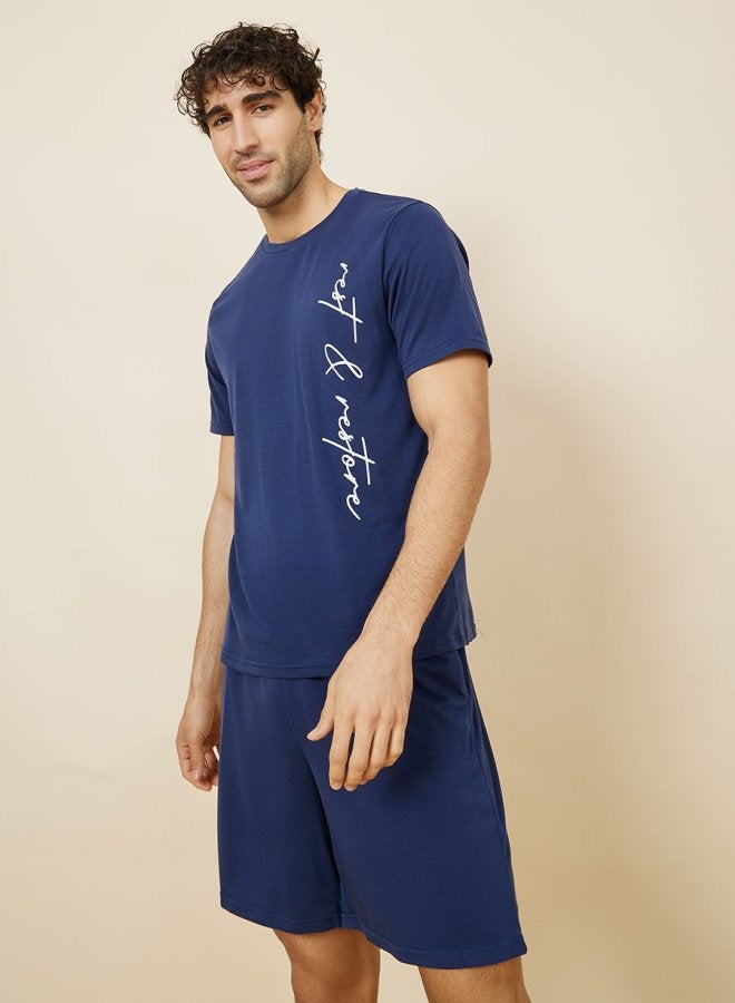 Styli Slogan Print T-shirt and Short Sleep Set - Image 1