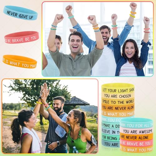 JUNEBRUSHS 64pcs Motivational Silicone Bracelets Bulk Colored Inspirational Rubber Wristbands Unisex for Student Teacher Office Prizes Gifts Back to School Party Favor Supplies (16 Designs) - Image 5