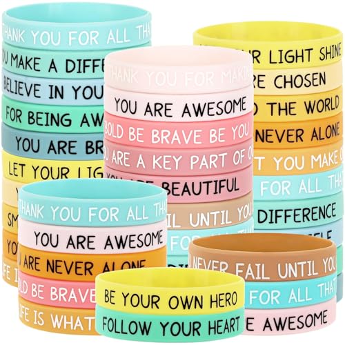 JUNEBRUSHS 64pcs Motivational Silicone Bracelets Bulk Colored Inspirational Rubber Wristbands Unisex for Student Teacher Office Prizes Gifts Back to School Party Favor Supplies (16 Designs) - Image 1