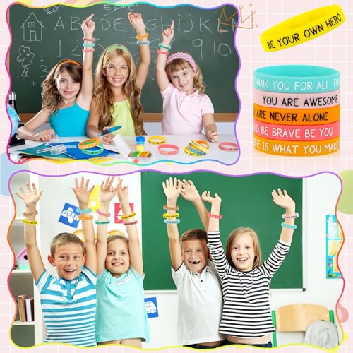 JUNEBRUSHS 64pcs Motivational Silicone Bracelets Bulk Colored Inspirational Rubber Wristbands Unisex for Student Teacher Office Prizes Gifts Back to School Party Favor Supplies (16 Designs) - Image 4