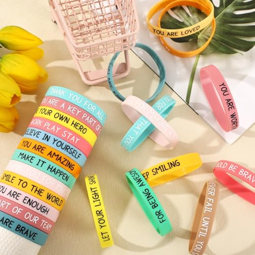 JUNEBRUSHS 64pcs Motivational Silicone Bracelets Bulk Colored Inspirational Rubber Wristbands Unisex for Student Teacher Office Prizes Gifts Back to School Party Favor Supplies (16 Designs) - Image 3