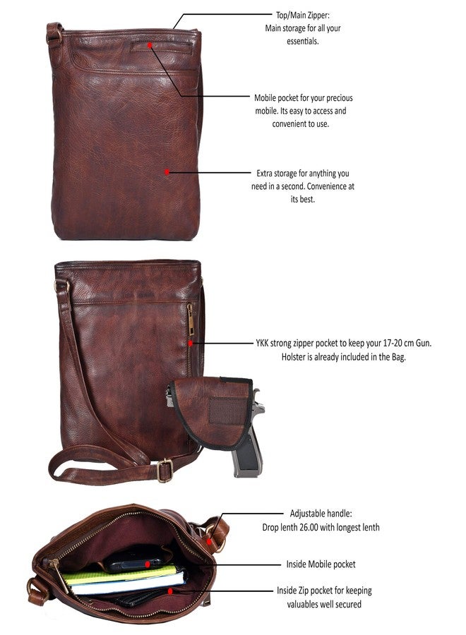 Ozora Multi Pockets Handmade Leather Crossbody Handbags & Sling Bag for Men & Women with Detachable Holster (Brown Wash) - Image 3