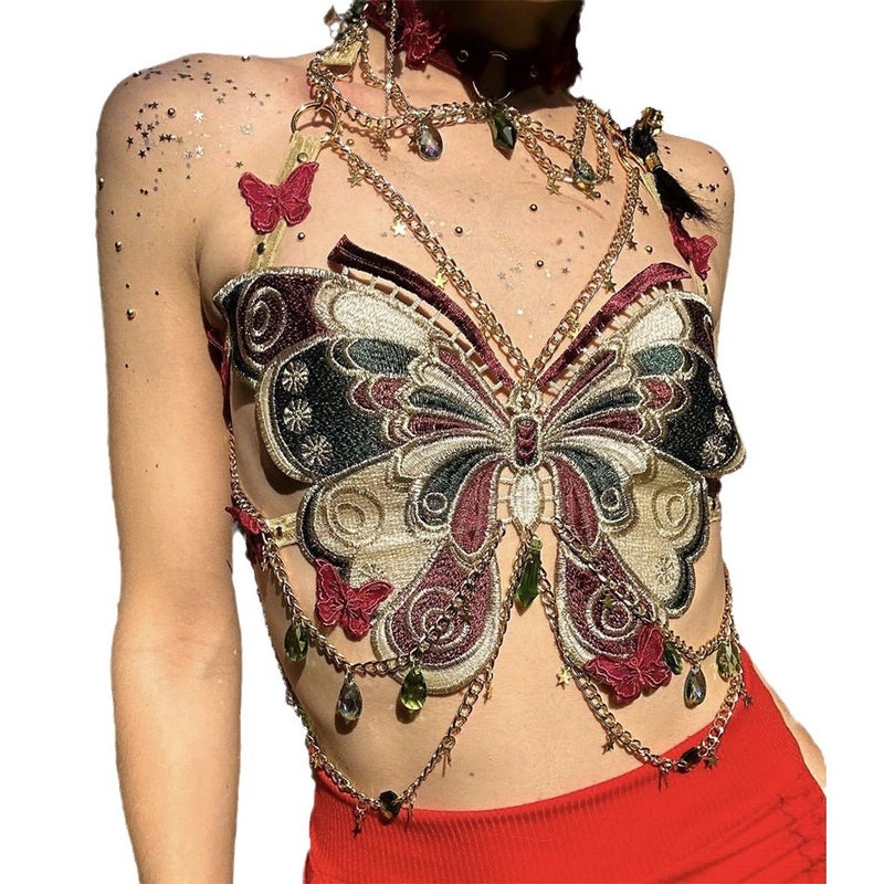 European Trend Embroidered Butterfly Metal Crystal Decor Cropped Camisole - Image 5