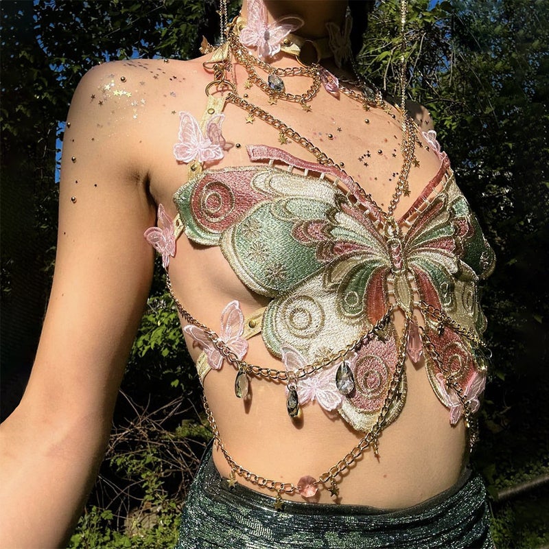 European Trend Embroidered Butterfly Metal Crystal Decor Cropped Camisole - Image 3