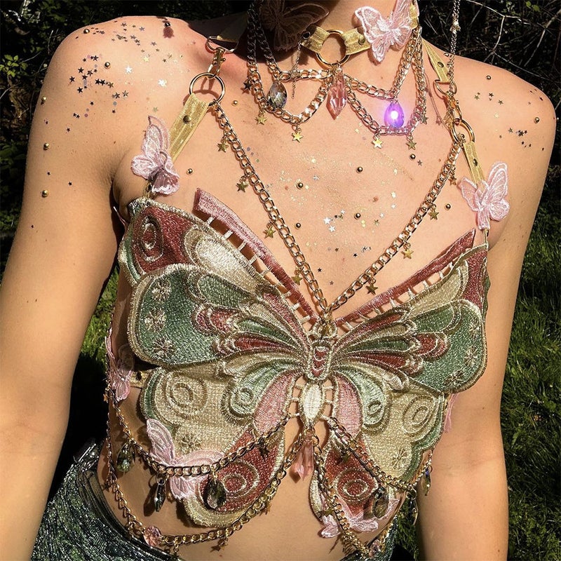 European Trend Embroidered Butterfly Metal Crystal Decor Cropped Camisole - Image 2