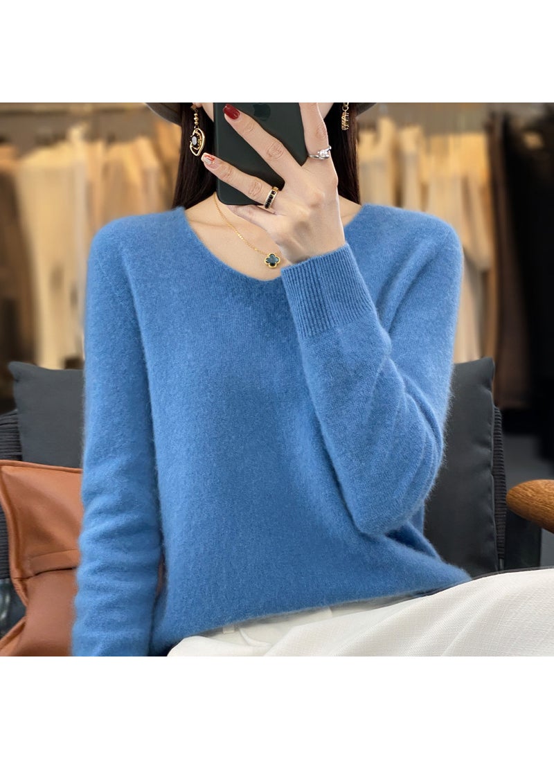 Generic - Pure Color 100% Wool Autumn/winter Cropped V-neck Pullover Sweater Base Layer Top Haze Blue - Image 1
