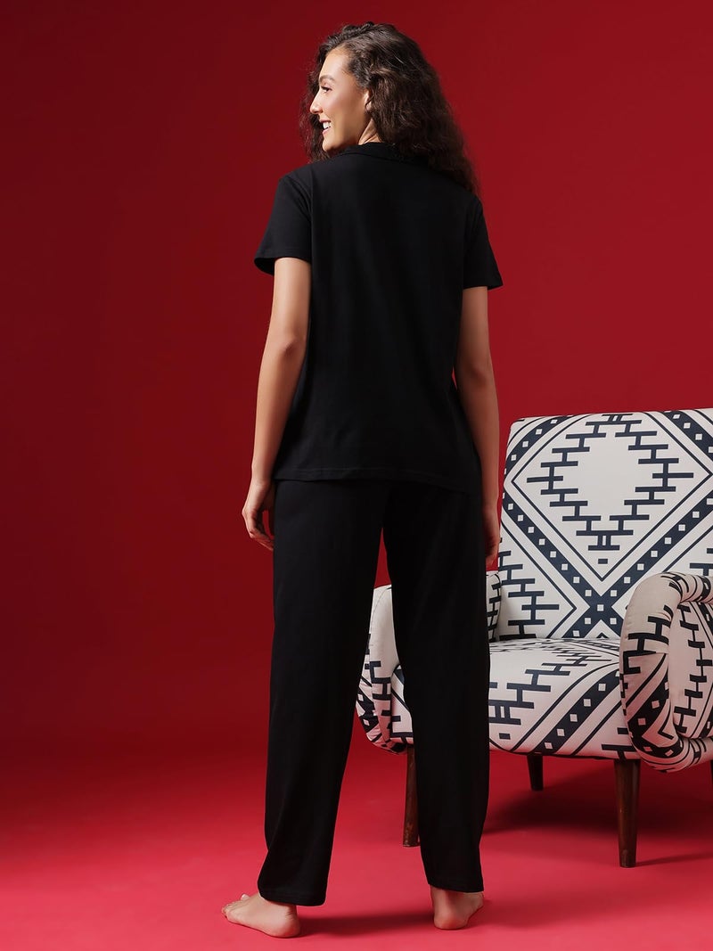 Clovia Women's Cotton Printed Button Down Shirt & Pajama Set (Ls0025D13_Black_S), Small - Image 2