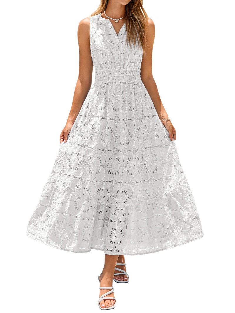 Simplee Women Summer Lace Eyelet Maxi Dress 2026 Sleeveless Casual V Neck A Line Boho Flowy Beach Wedding Guest Long Dresses White L - Image 1
