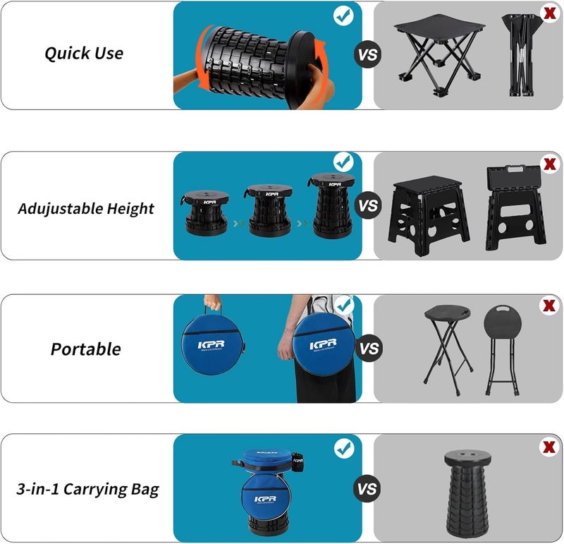 KPR 2026 Upgraded Collapsible Stool & 3IN1 Cushioned Carry Bag, Portable Telescopic Camping Chair, Adjustable Height Folding Step Stool Retractable Seat or Footrest for Outdoors & Indoor, Max 620lbs - Image 5